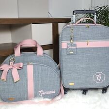 Mala com Rodinhas e Bolsa Maternidade Cinza e Rosê